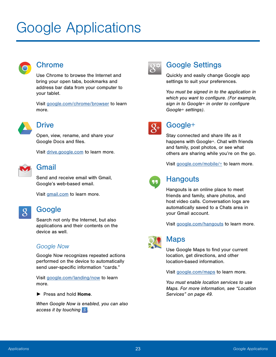 Google applications, Chrome, Drive | Gmail, Google, Google settings, Hangouts, Maps | Samsung SM-T800NTSAXAR User Manual | Page 27 / 83