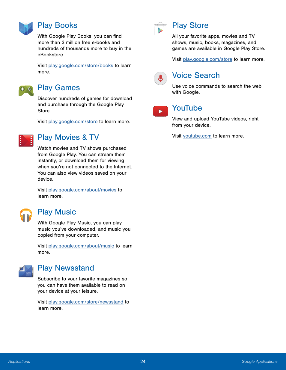 Play books, Play games, Play movies & tv | Play music, Play newsstand, Play store, Voice search, Youtube | Samsung SM-T800NTSAXAR User Manual | Page 28 / 83