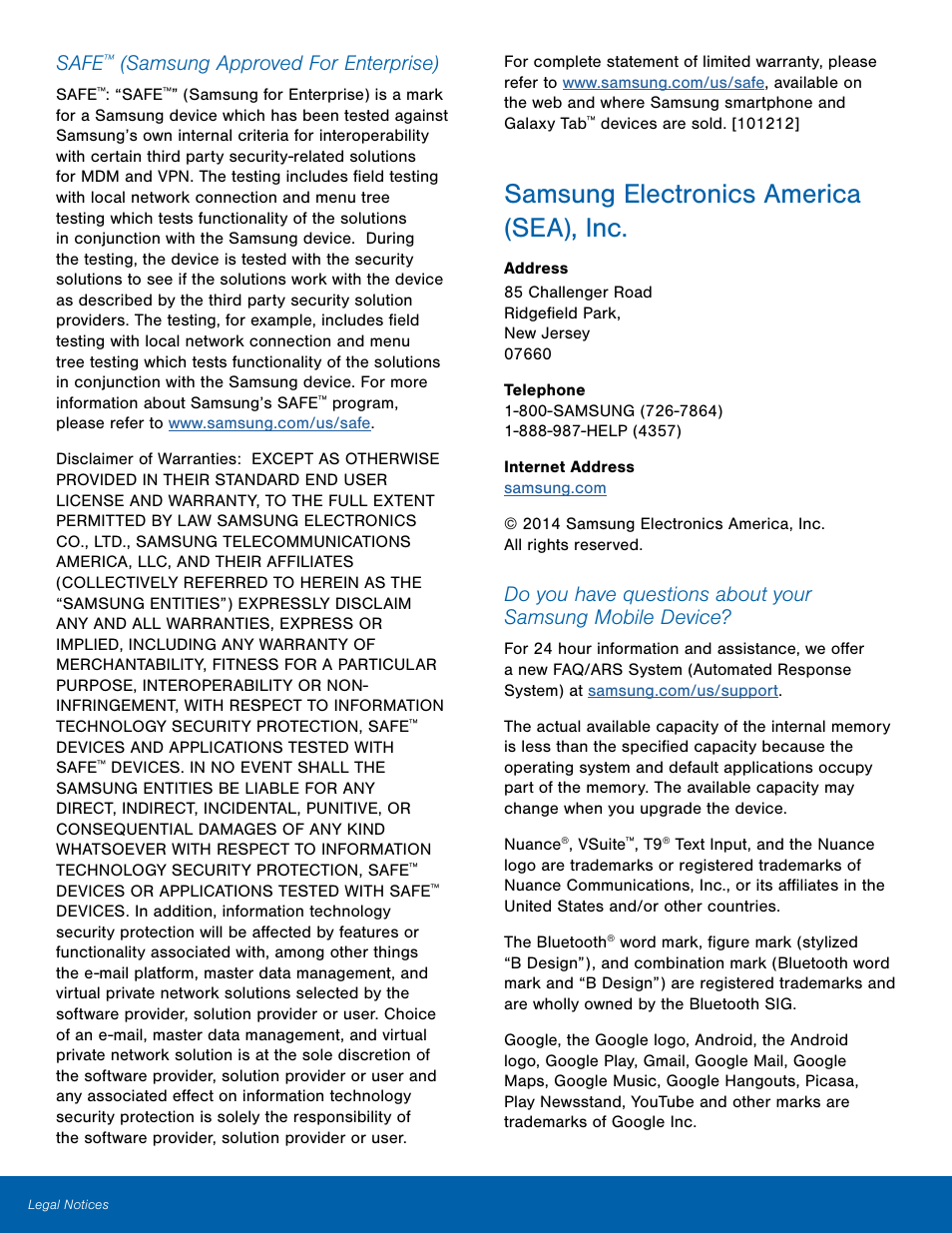 Samsung electronics america (sea), inc, Safe, Samsung approved for enterprise) | Samsung SM-T800NTSAXAR User Manual | Page 3 / 83