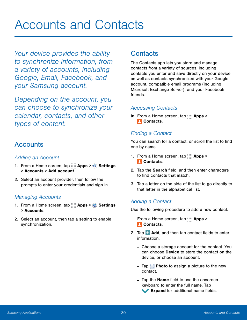 Accounts and contacts, Accounts, Contacts | Accounts contacts | Samsung SM-T800NTSAXAR User Manual | Page 34 / 83