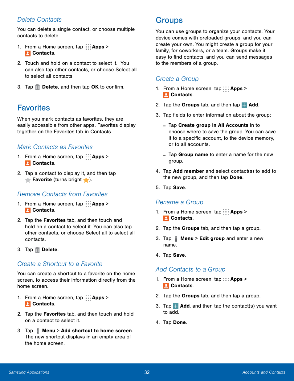 Favorites, Groups, Favorites groups | Samsung SM-T800NTSAXAR User Manual | Page 36 / 83
