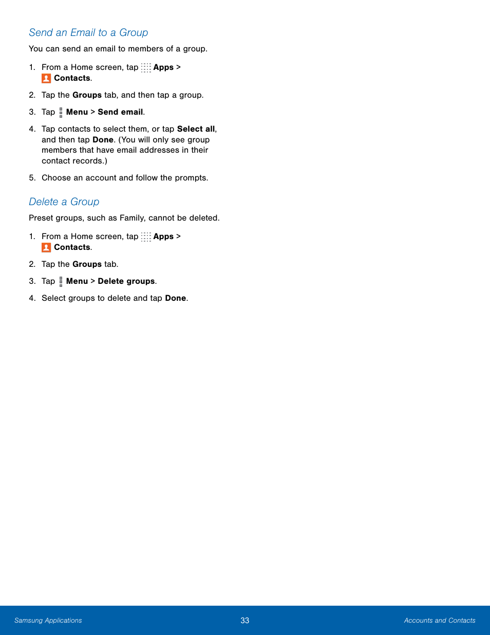 Send an email to a group, Delete a group | Samsung SM-T800NTSAXAR User Manual | Page 37 / 83