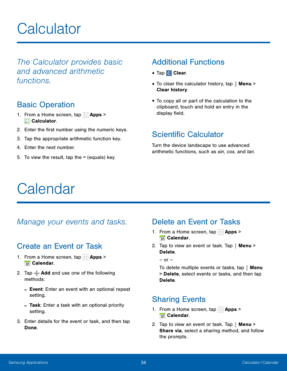 Calculator, Basic operation, Additional functions | Scientific calculator, Calendar, Create an event or task, Delete an event or tasks, Sharing events | Samsung SM-T800NTSAXAR User Manual | Page 38 / 83