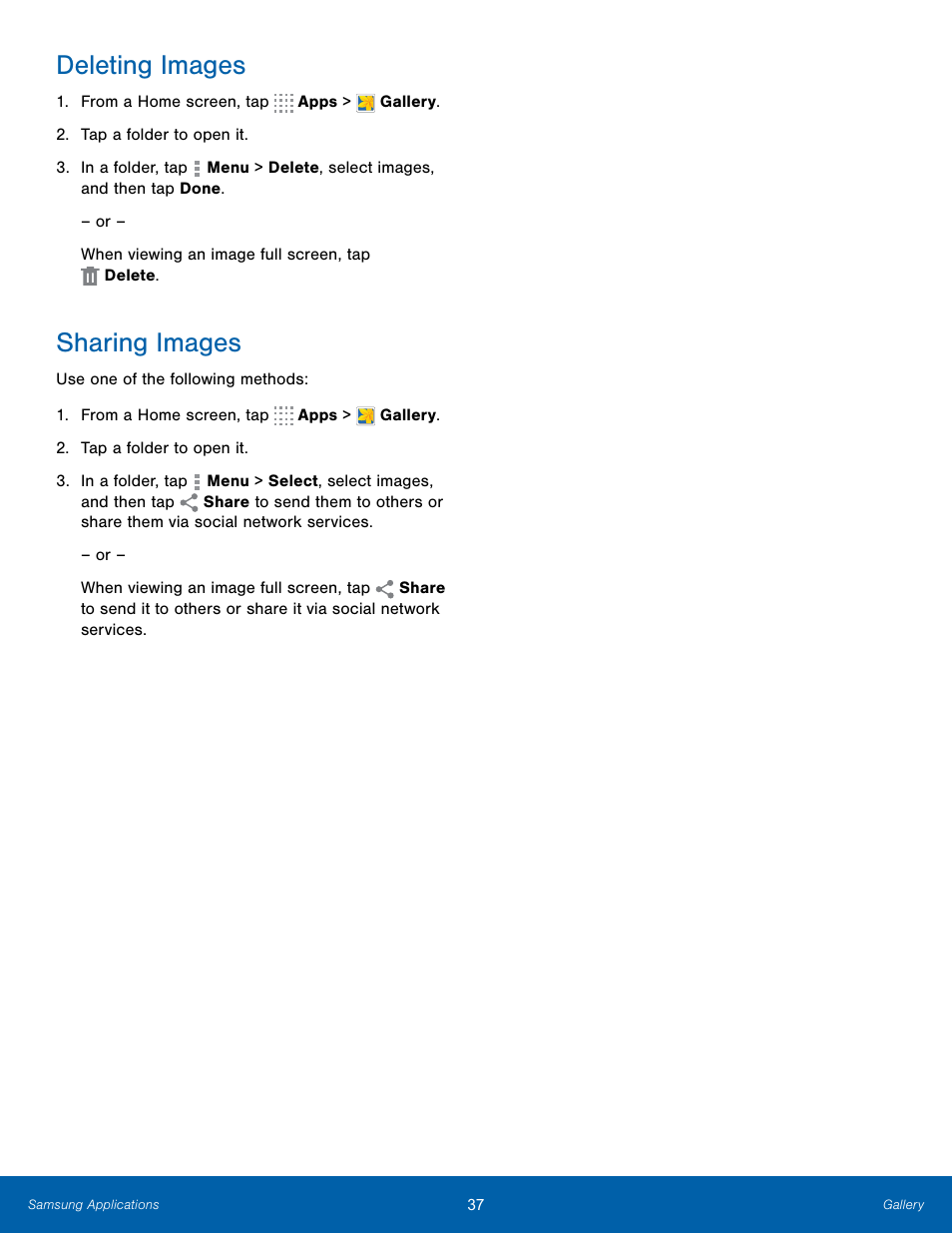 Sharing images, Deleting images | Samsung SM-T800NTSAXAR User Manual | Page 41 / 83