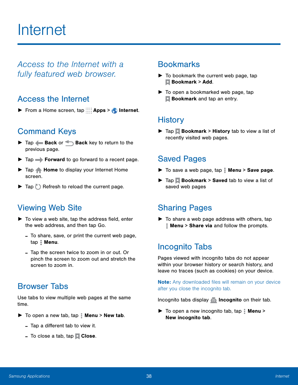 Internet, Access the internet, Command keys | Viewing web site, Browser tabs, Bookmarks, History, Incognito tabs, Saved pages, Sharing pages | Samsung SM-T800NTSAXAR User Manual | Page 42 / 83
