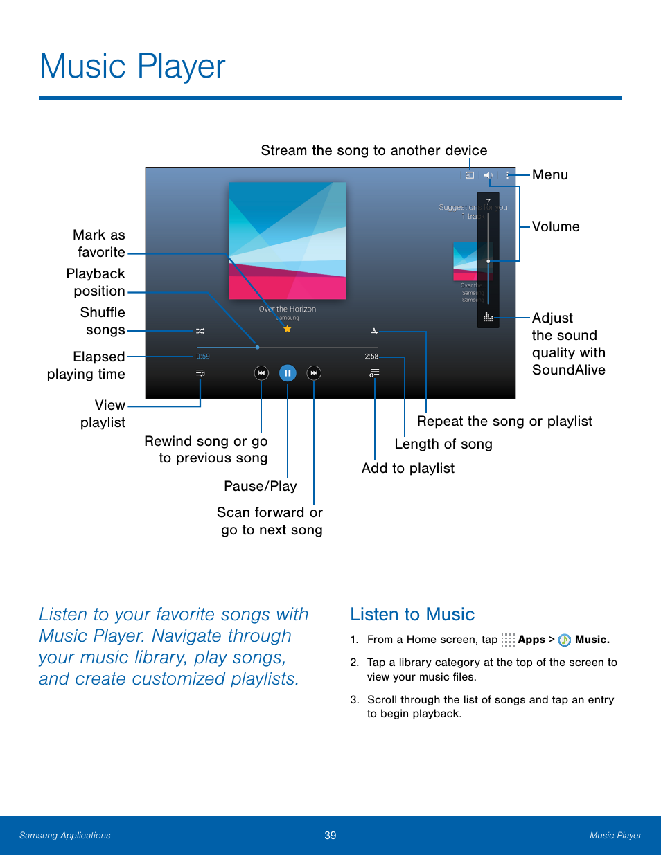 Music player, Listen to music | Samsung SM-T800NTSAXAR User Manual | Page 43 / 83