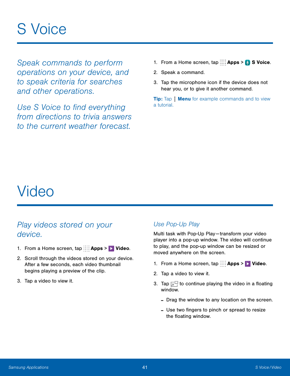 S voice, Video, S voice video | Play videos stored on your device | Samsung SM-T800NTSAXAR User Manual | Page 45 / 83