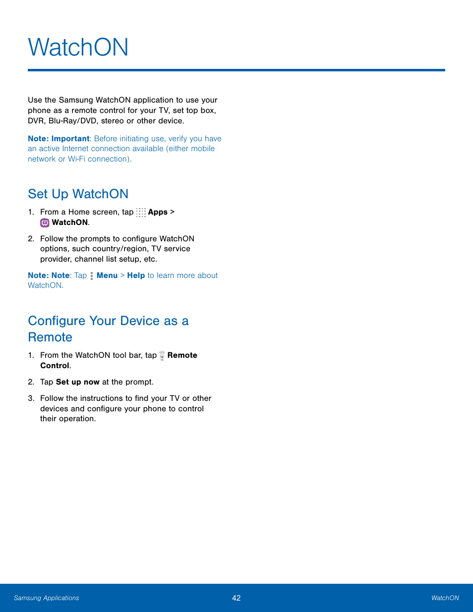 Watchon, Set up watchon, Configure your device as a remote | Set up watchon configure your device as a remote | Samsung SM-T800NTSAXAR User Manual | Page 46 / 83