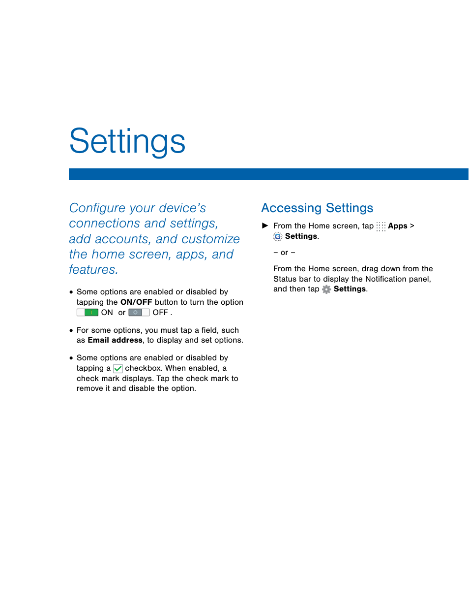 Settings, Accessing settings | Samsung SM-T800NTSAXAR User Manual | Page 47 / 83