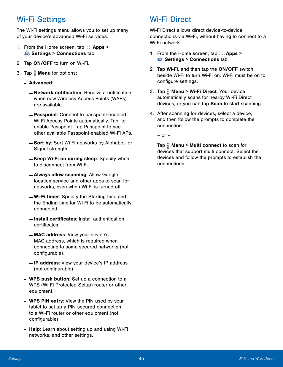 Wi-fi settings, Wi-fi direct, Wi-fi settings wi-fi direct | Samsung SM-T800NTSAXAR User Manual | Page 49 / 83