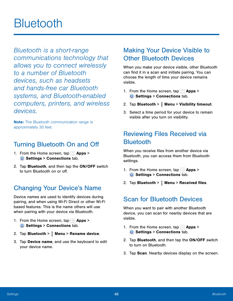 Bluetooth, Turning bluetooth on and off, Changing your device’s name | Reviewing files received via bluetooth, Scan for bluetooth devices | Samsung SM-T800NTSAXAR User Manual | Page 50 / 83