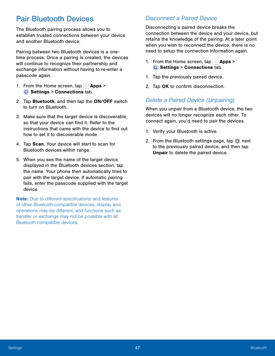 Pair bluetooth devices, Disconnect a paired device, Delete a paired device (unpairing) | Samsung SM-T800NTSAXAR User Manual | Page 51 / 83