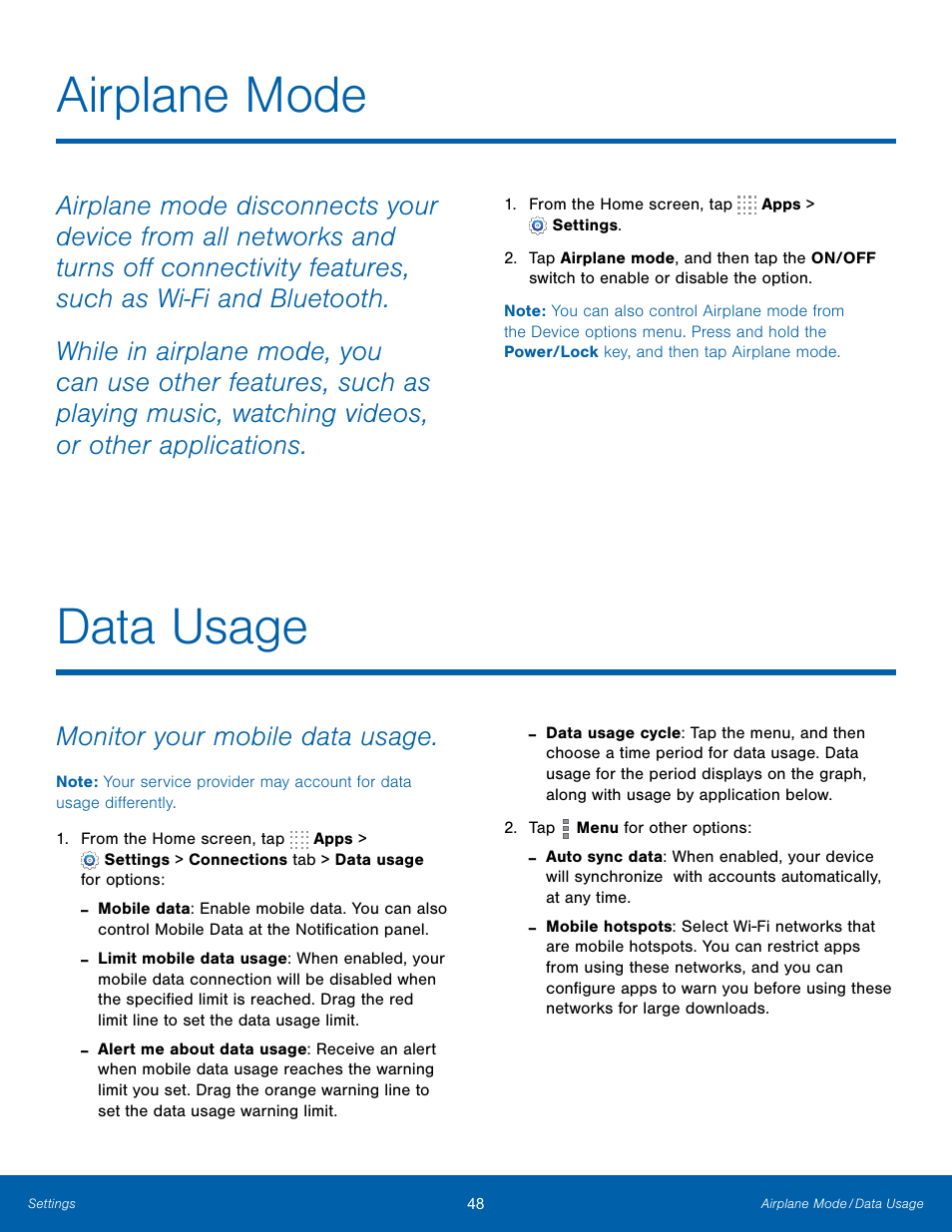 Airplane mode, Data usage, Airplane mode data usage | Monitor your mobile data usage | Samsung SM-T800NTSAXAR User Manual | Page 52 / 83