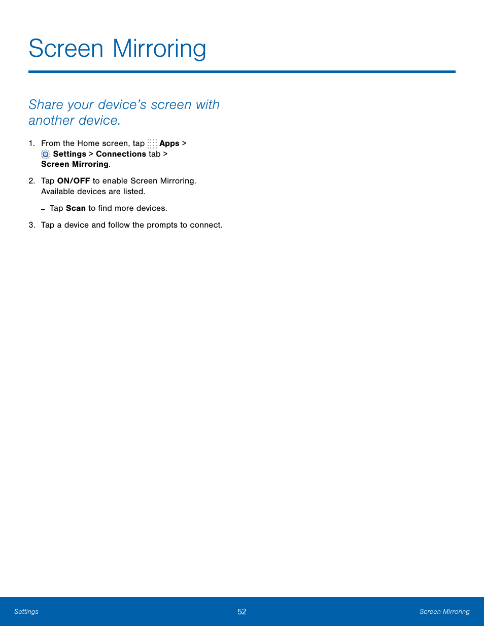 Screen mirroring, Share your device’s screen with another device | Samsung SM-T800NTSAXAR User Manual | Page 56 / 83