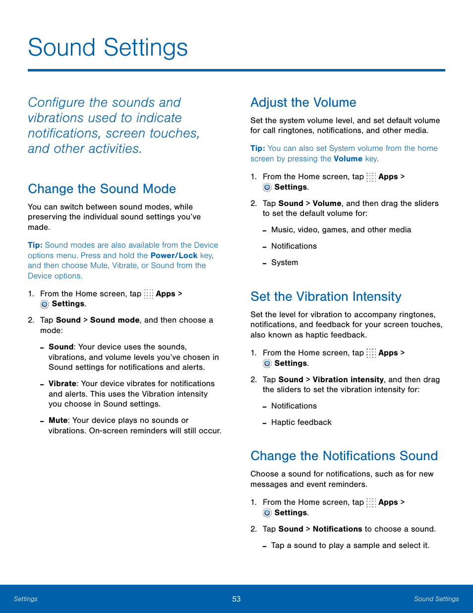 Sound settings, Change the sound mode, Adjust the volume | Set the vibration intensity, Change the notifications sound | Samsung SM-T800NTSAXAR User Manual | Page 57 / 83