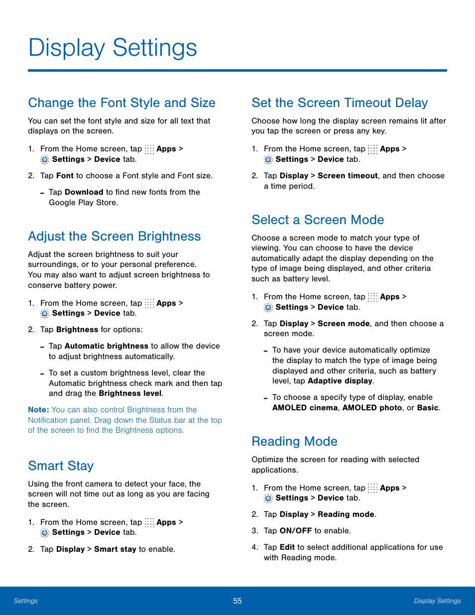 Display settings, Change the font style and size, Adjust the screen brightness | Smart stay, Set the screen timeout delay, Select a screen mode, Reading mode | Samsung SM-T800NTSAXAR User Manual | Page 59 / 83