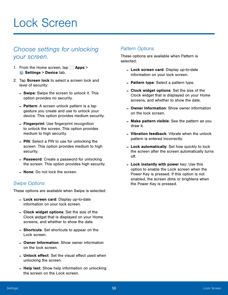 Lock screen, Choose settings for unlocking your screen | Samsung SM-T800NTSAXAR User Manual | Page 62 / 83
