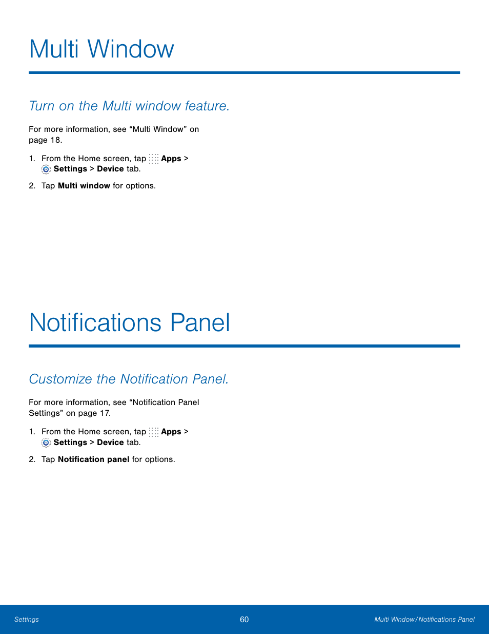 Multi window, Notifications panel, Multi window notifications panel | Notifications panel multi window, Customize the notification panel, Turn on the multi window feature | Samsung SM-T800NTSAXAR User Manual | Page 64 / 83