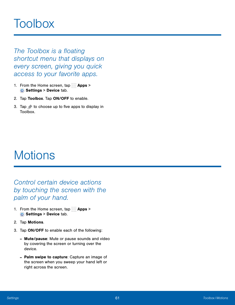 Toolbox, Motions, Toolbox motions | Motions toolbox | Samsung SM-T800NTSAXAR User Manual | Page 65 / 83
