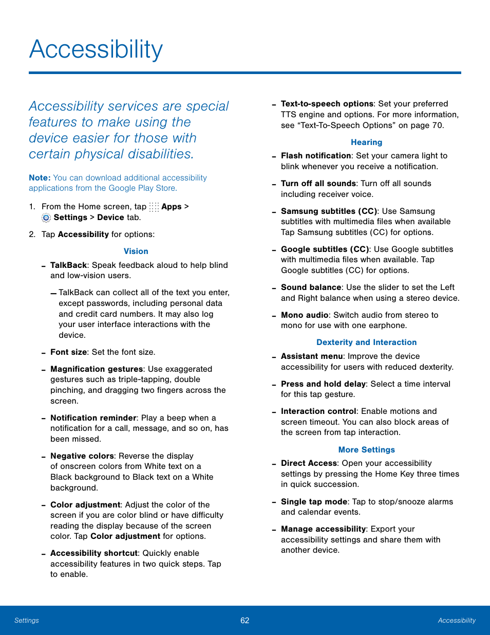 Accessibility | Samsung SM-T800NTSAXAR User Manual | Page 66 / 83