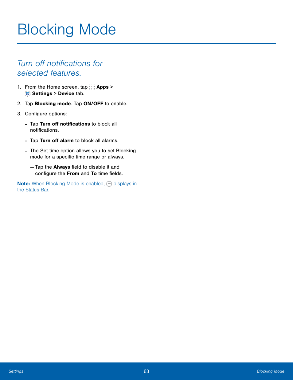 Blocking mode, Turn off notifications for selected features | Samsung SM-T800NTSAXAR User Manual | Page 67 / 83