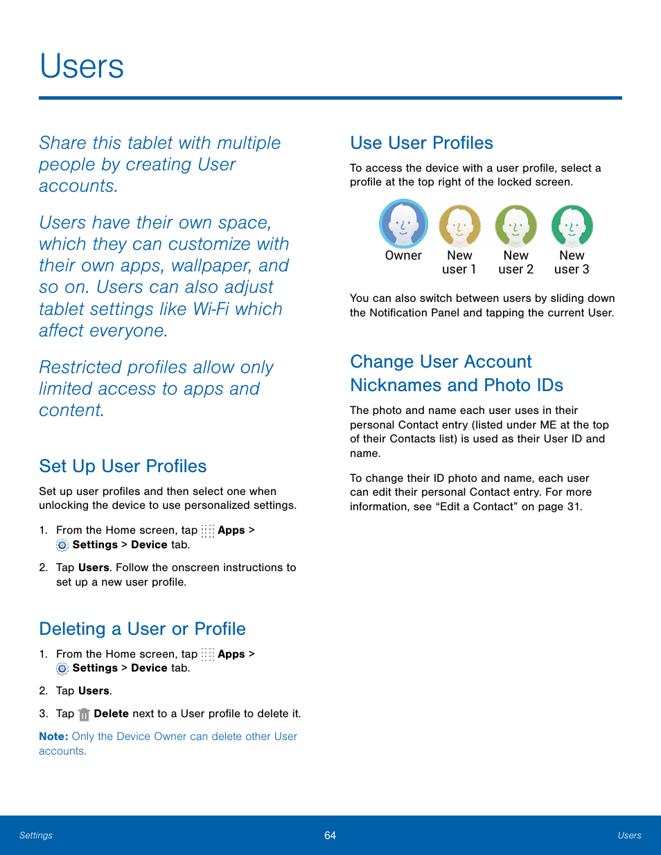Users, Set up user profiles, Deleting a user or profile | Use user profiles, Change user account nicknames and photo ids | Samsung SM-T800NTSAXAR User Manual | Page 68 / 83