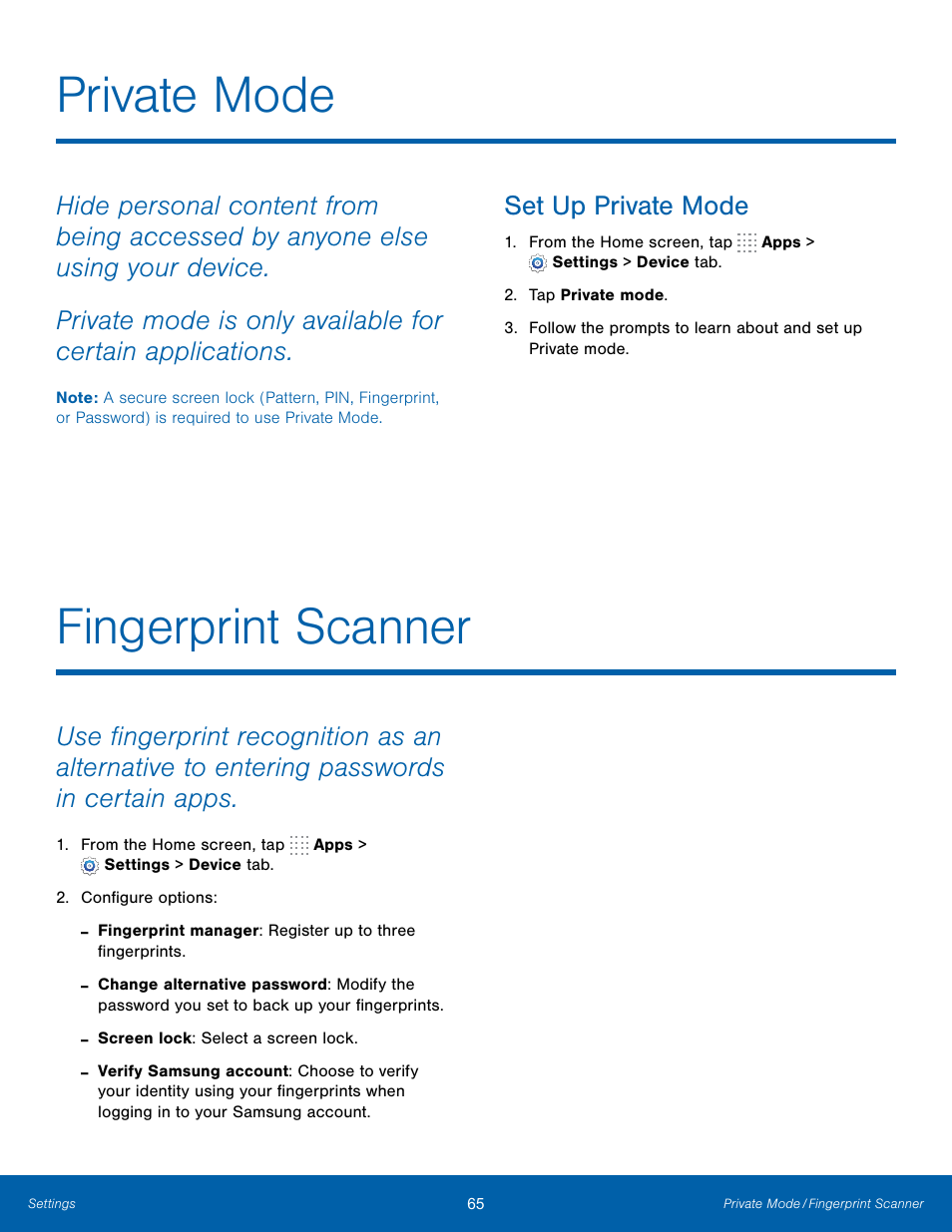 Private mode, Set up private mode, Fingerprint scanner | Fingerprint scanner private mode | Samsung SM-T800NTSAXAR User Manual | Page 69 / 83