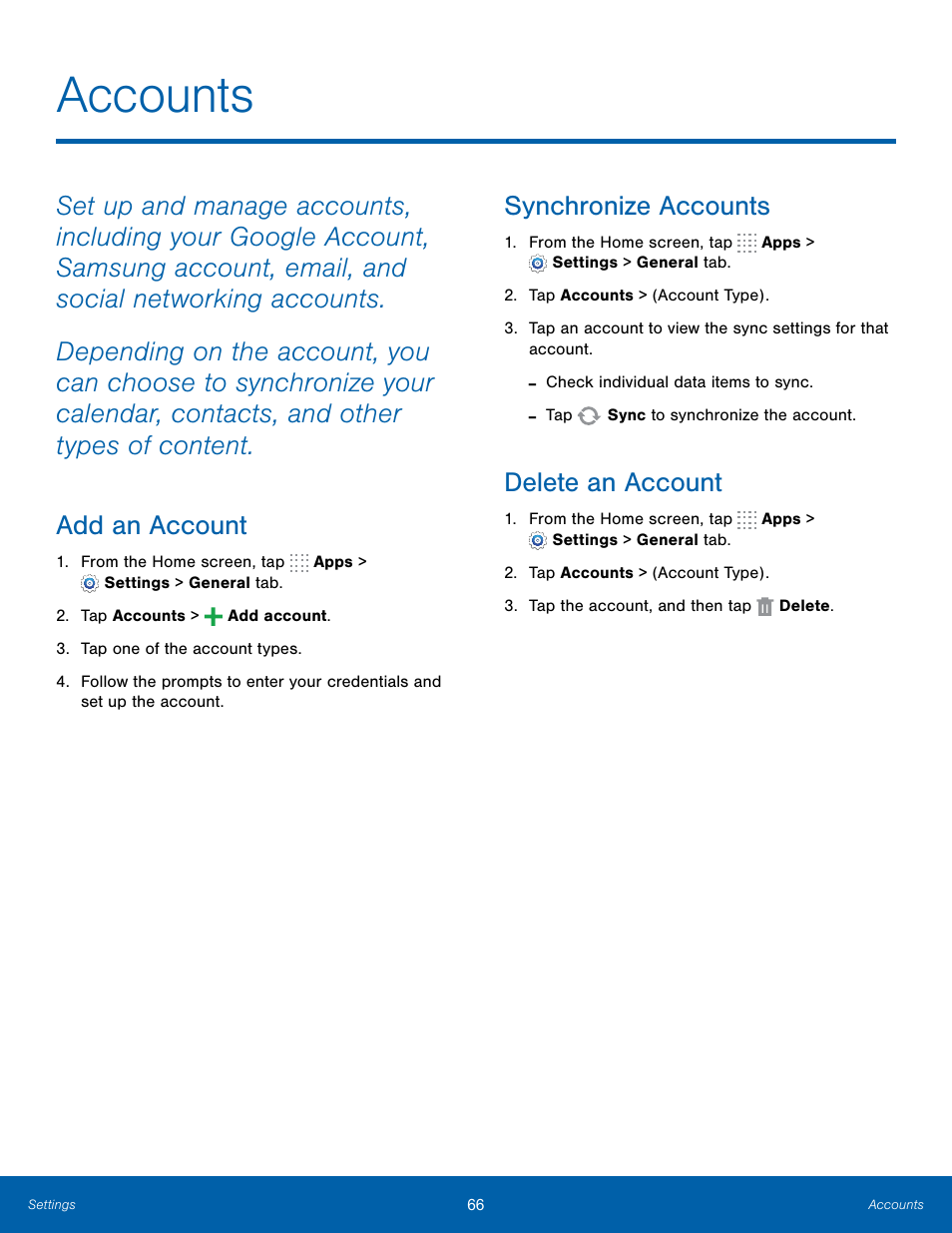 Accounts, Add an account, Synchronize accounts | Delete an account | Samsung SM-T800NTSAXAR User Manual | Page 70 / 83