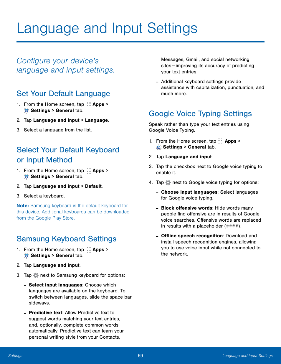 Language and input settings, Set your default language, Select your default keyboard or input method | Samsung keyboard settings, Google voice typing settings | Samsung SM-T800NTSAXAR User Manual | Page 73 / 83