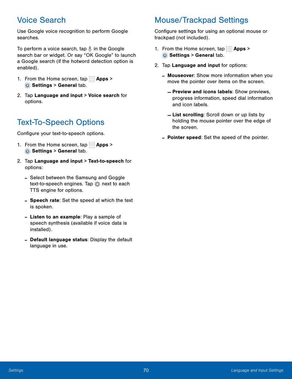 Voice search, Text-to-speech options, Mouse/trackpad settings | Samsung SM-T800NTSAXAR User Manual | Page 74 / 83