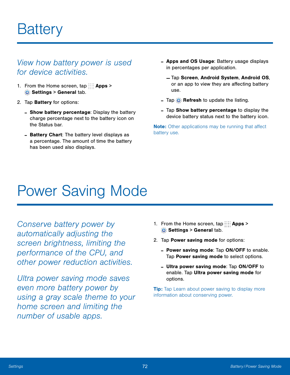 Battery, Power saving mode, Battery power saving mode | Samsung SM-T800NTSAXAR User Manual | Page 76 / 83