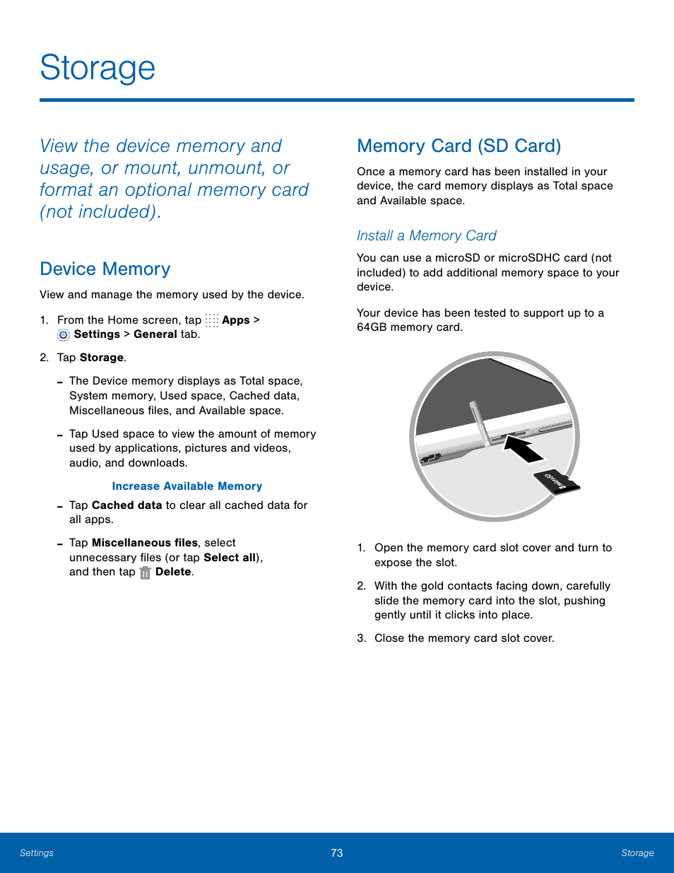 Storage, Device memory, Memory card (sd card) | Device memory memory card (sd card) | Samsung SM-T800NTSAXAR User Manual | Page 77 / 83