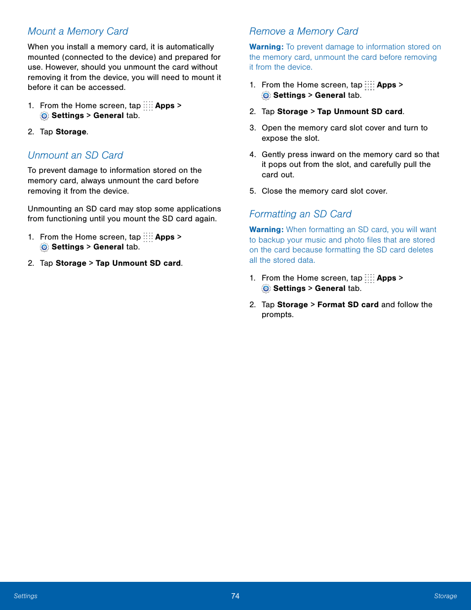 Unmount an sd card, Formatting an sd card | Samsung SM-T800NTSAXAR User Manual | Page 78 / 83