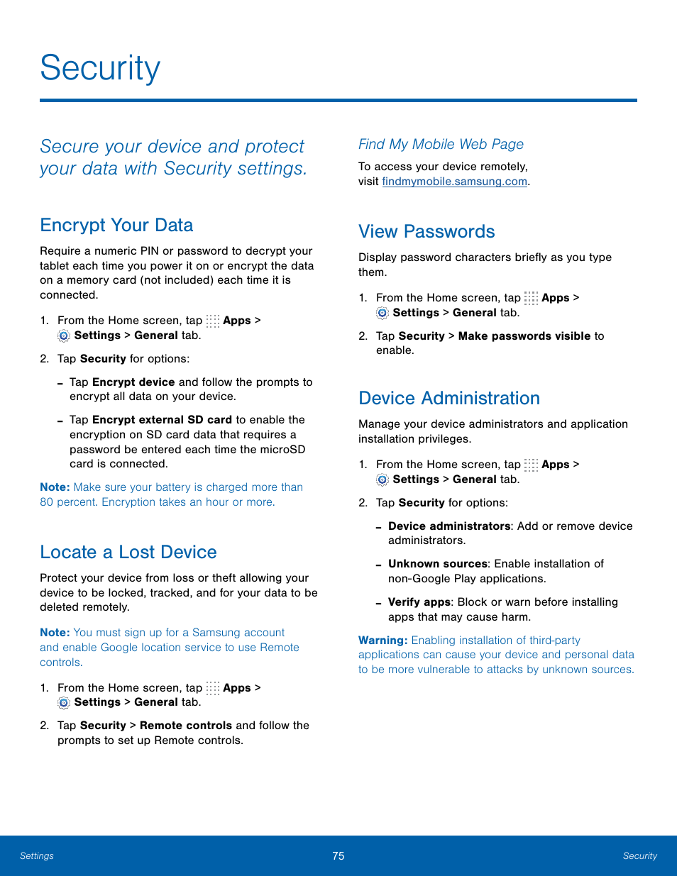 Security, Encrypt your data, Locate a lost device | View passwords, Device administration | Samsung SM-T800NTSAXAR User Manual | Page 79 / 83