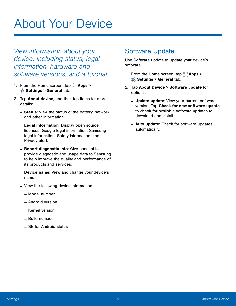 About your device, Software update | Samsung SM-T800NTSAXAR User Manual | Page 81 / 83