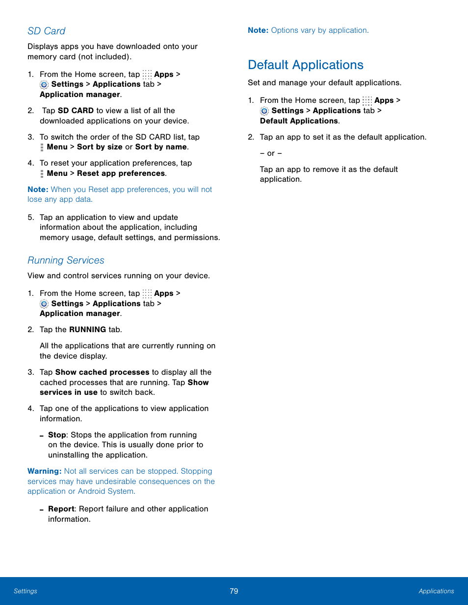 Default applications | Samsung SM-T800NTSAXAR User Manual | Page 83 / 83