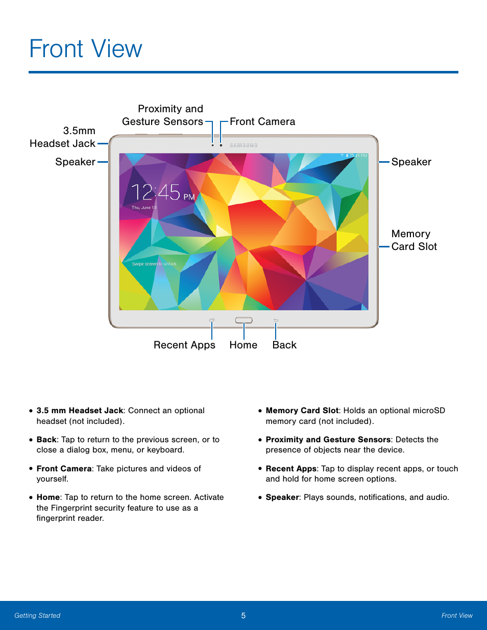 Front view | Samsung SM-T800NTSAXAR User Manual | Page 9 / 83