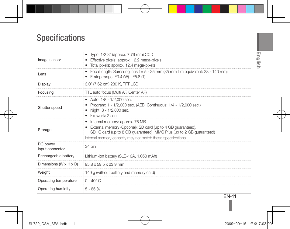 Specifications, English | Samsung EC-SL720ZBPBUS User Manual | Page 11 / 24