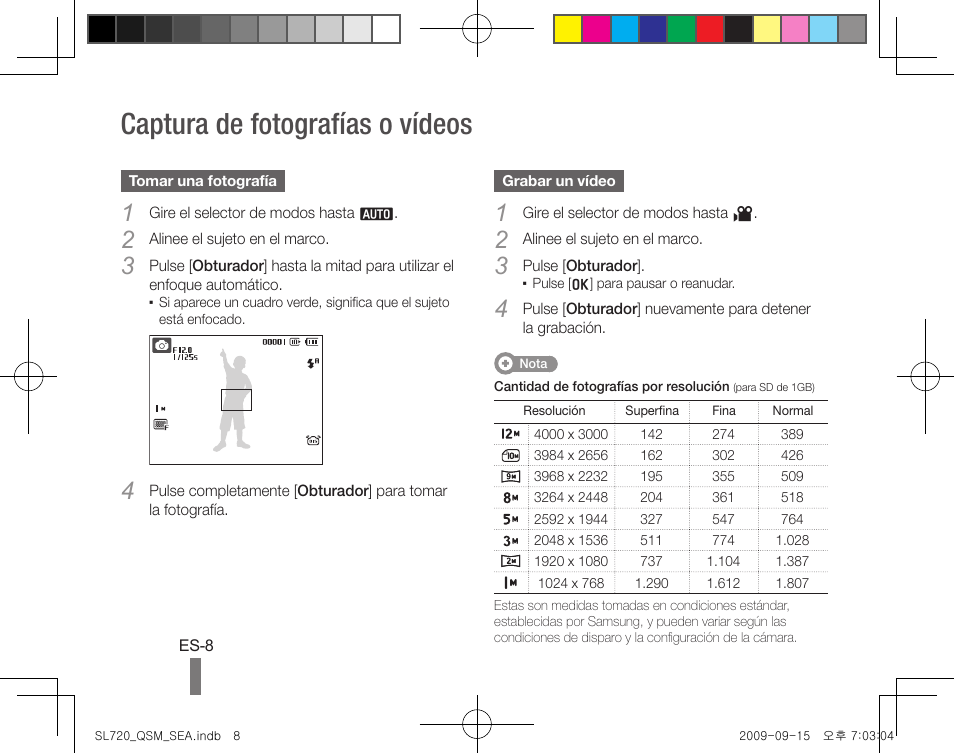 Captura de fotografías o vídeos | Samsung EC-SL720ZBPBUS User Manual | Page 18 / 24