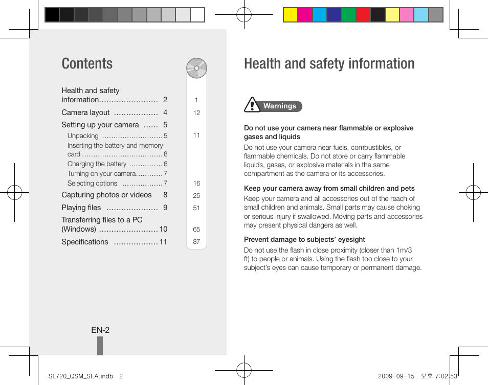 Health and safety information contents | Samsung EC-SL720ZBPBUS User Manual | Page 2 / 24