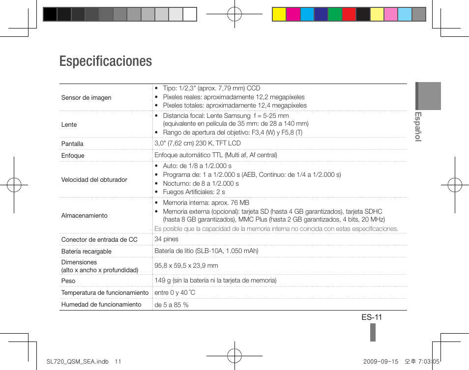 Especificaciones, Español | Samsung EC-SL720ZBPBUS User Manual | Page 21 / 24