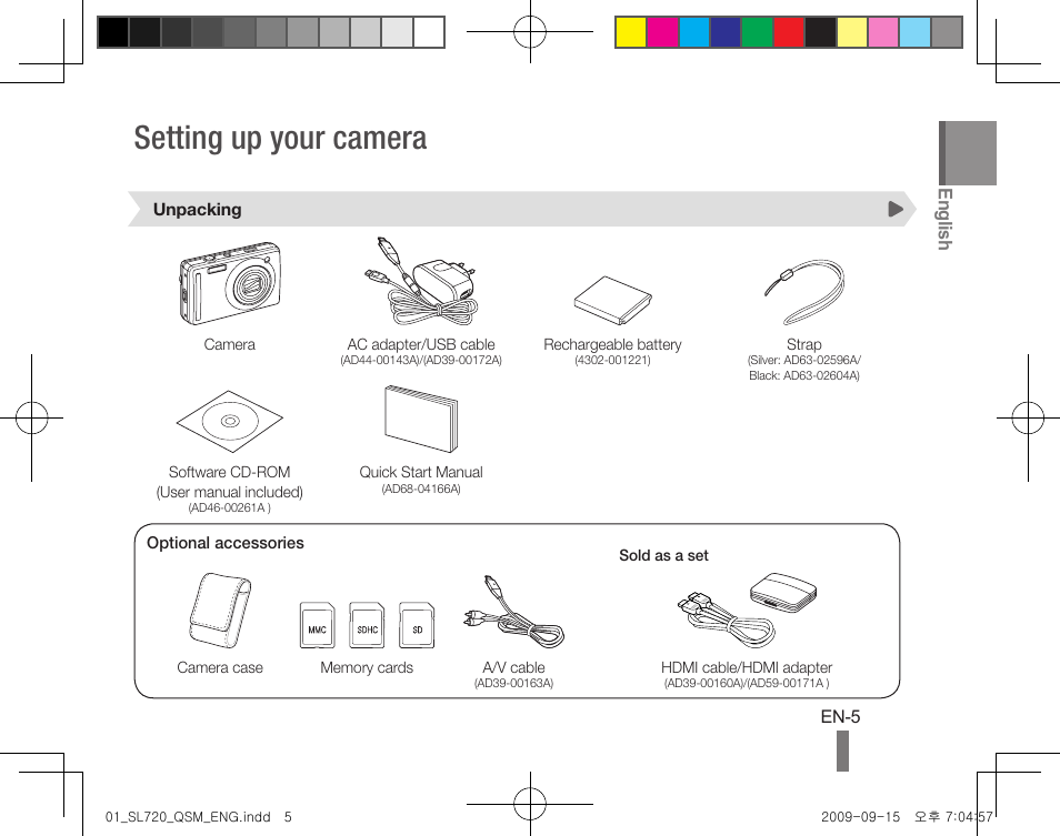 Setting up your camera | Samsung EC-SL720ZBPBUS User Manual | Page 5 / 24