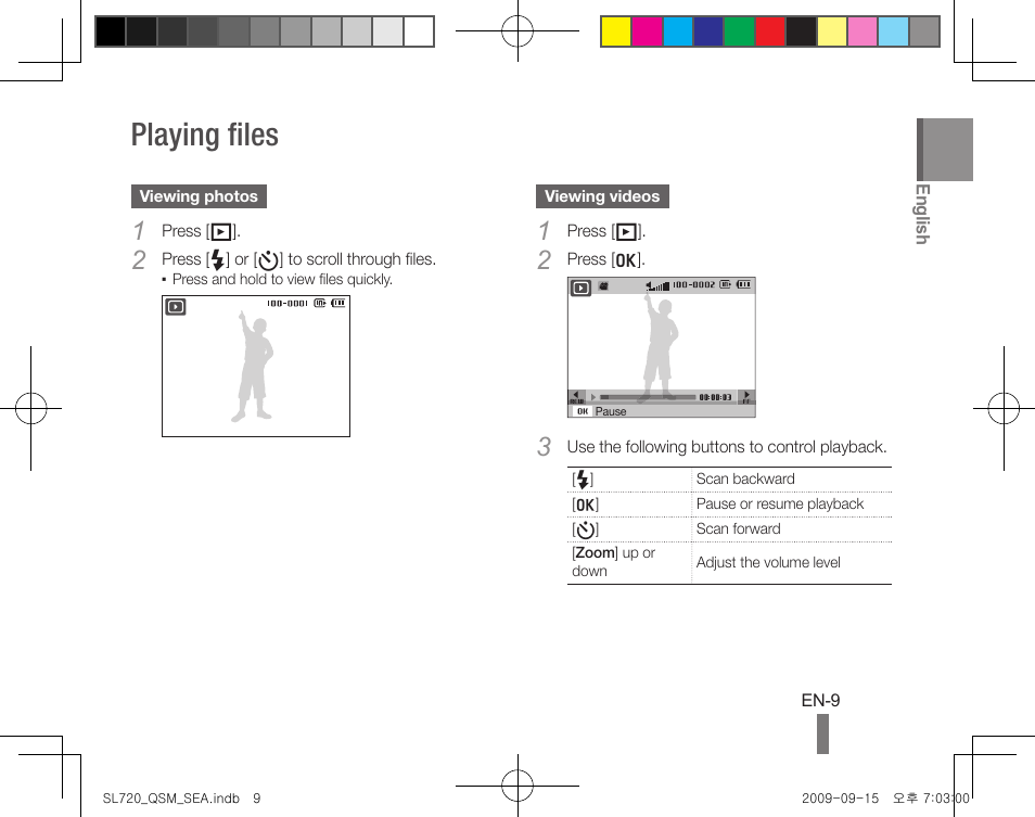 Playing files | Samsung EC-SL720ZBPBUS User Manual | Page 9 / 24