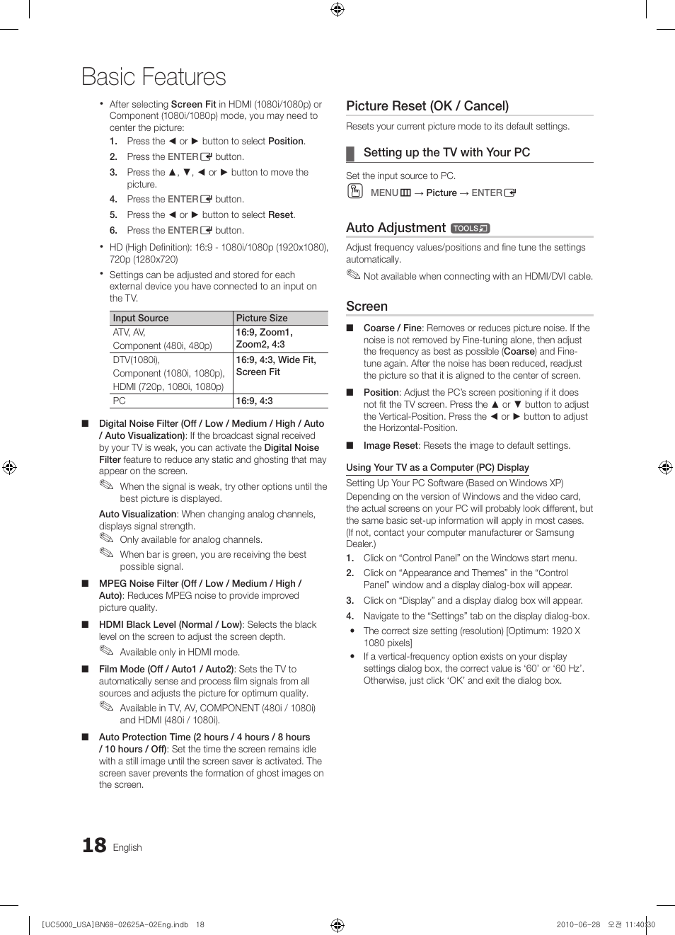 Basic features, Picture reset (ok / cancel), Auto adjustment | Screen | Samsung UN32C5000QFXZA User Manual | Page 18 / 54