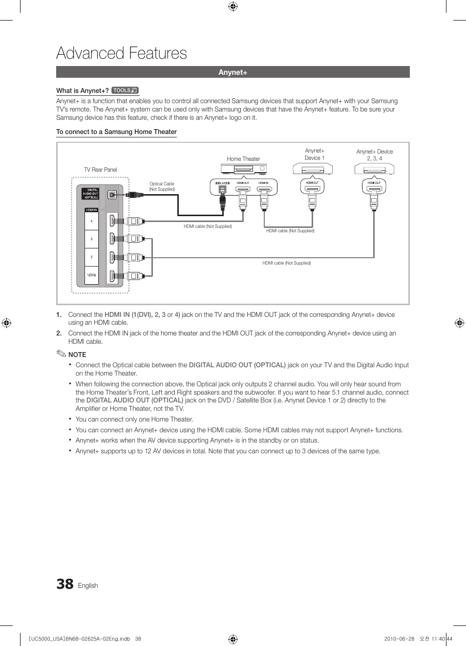 Anynet, Advanced features | Samsung UN32C5000QFXZA User Manual | Page 38 / 54