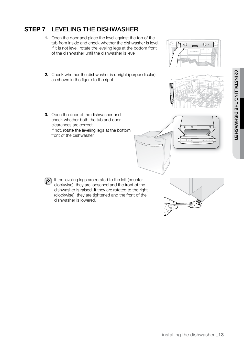 Step  leveling the dishwasher | Samsung DMR77LHW-XAC User Manual | Page 13 / 20