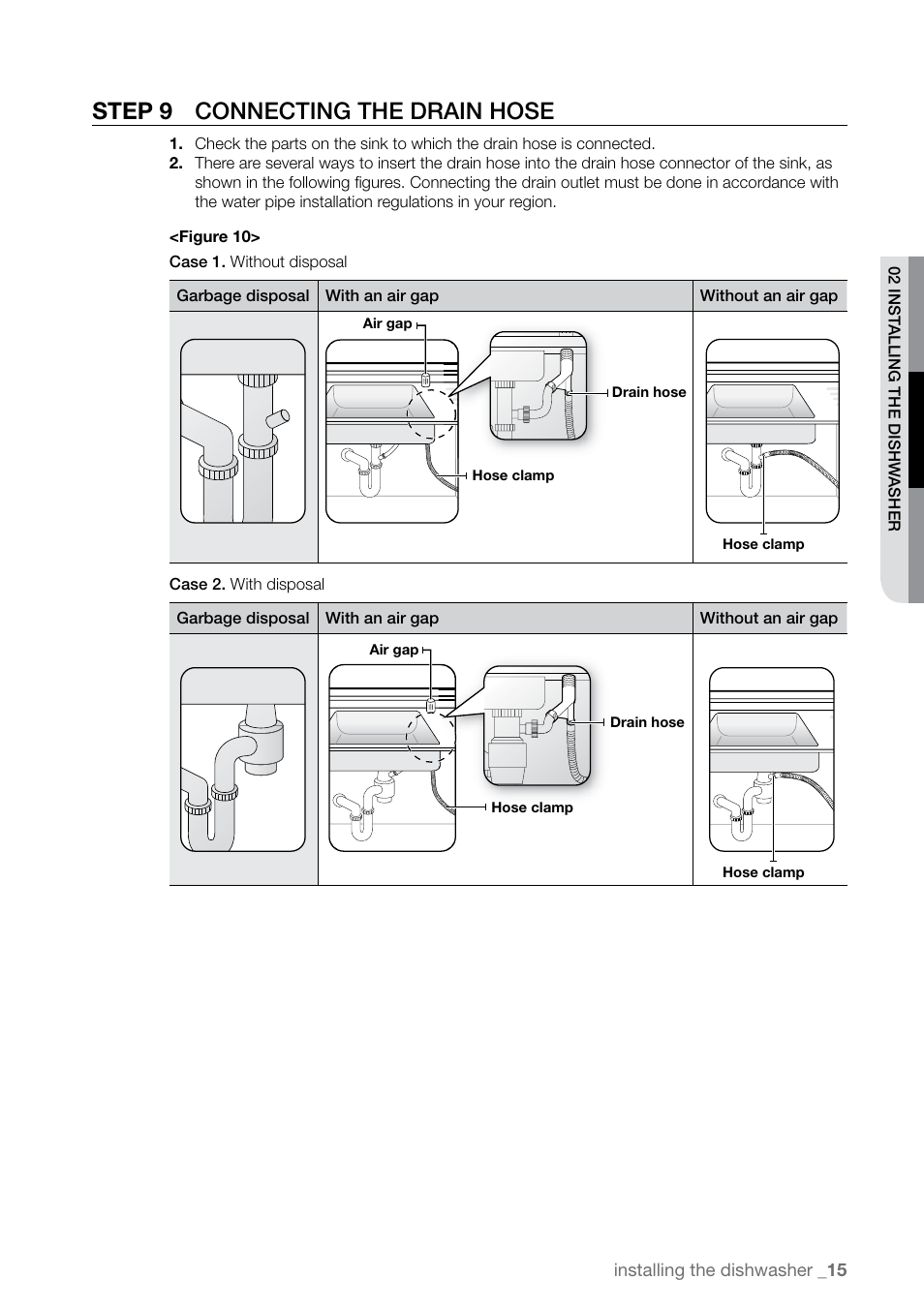 Step  connecting the drain hose | Samsung DMR77LHW-XAC User Manual | Page 15 / 20