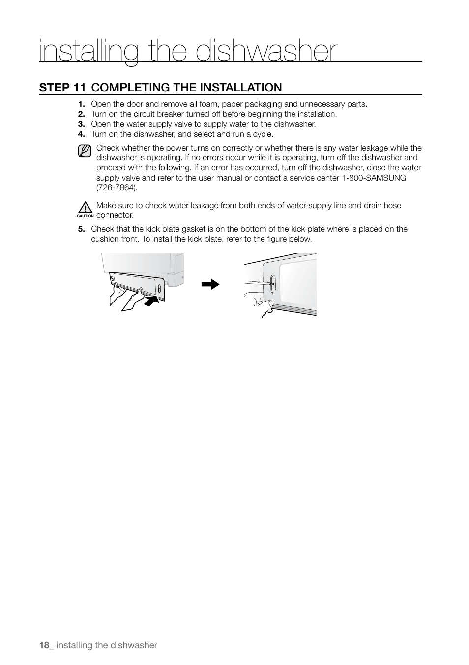 Installing the dishwasher, Step 11 completing the installation | Samsung DMR77LHW-XAC User Manual | Page 18 / 20