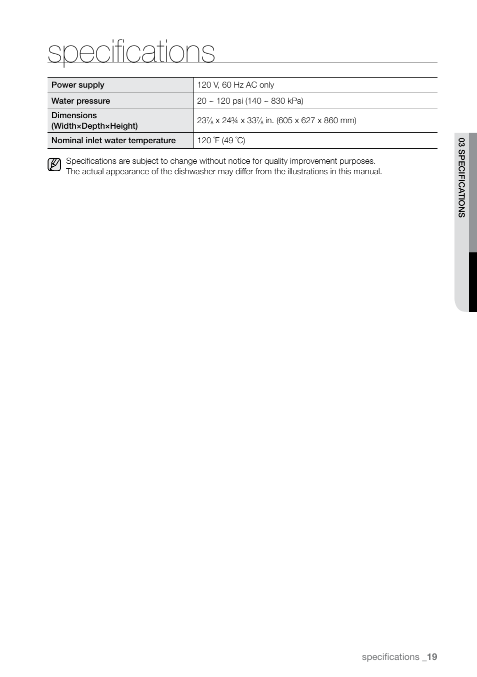 Specifications | Samsung DMR77LHW-XAC User Manual | Page 19 / 20