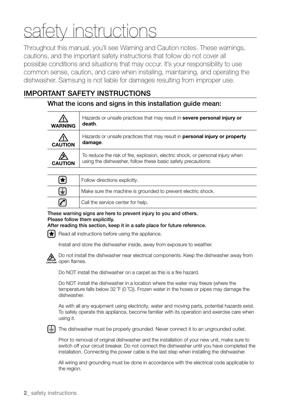 Safety instructions, Important safety instructions | Samsung DMR77LHW-XAC User Manual | Page 2 / 20